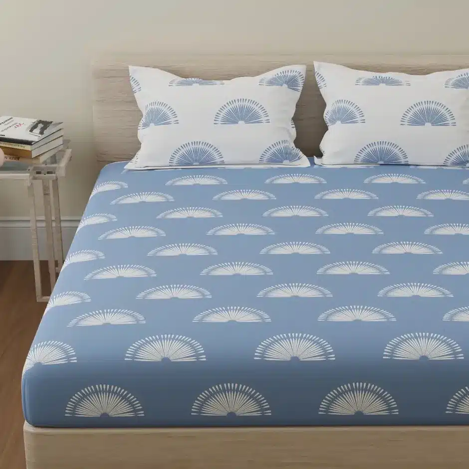 Premium Blue Printed Fitted Bedsheet Set