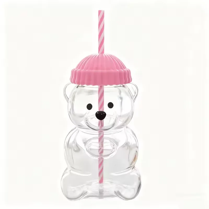 Cute Teddy Bear Glass Sipper Bottle with Straw & Lid