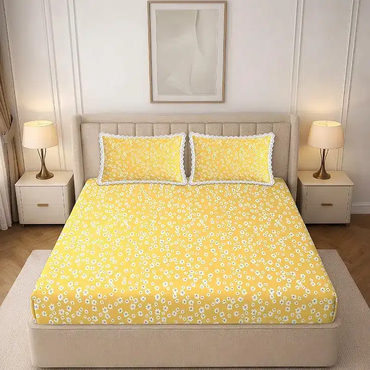 Premium Yellow Floral Fitted Bedsheet Set