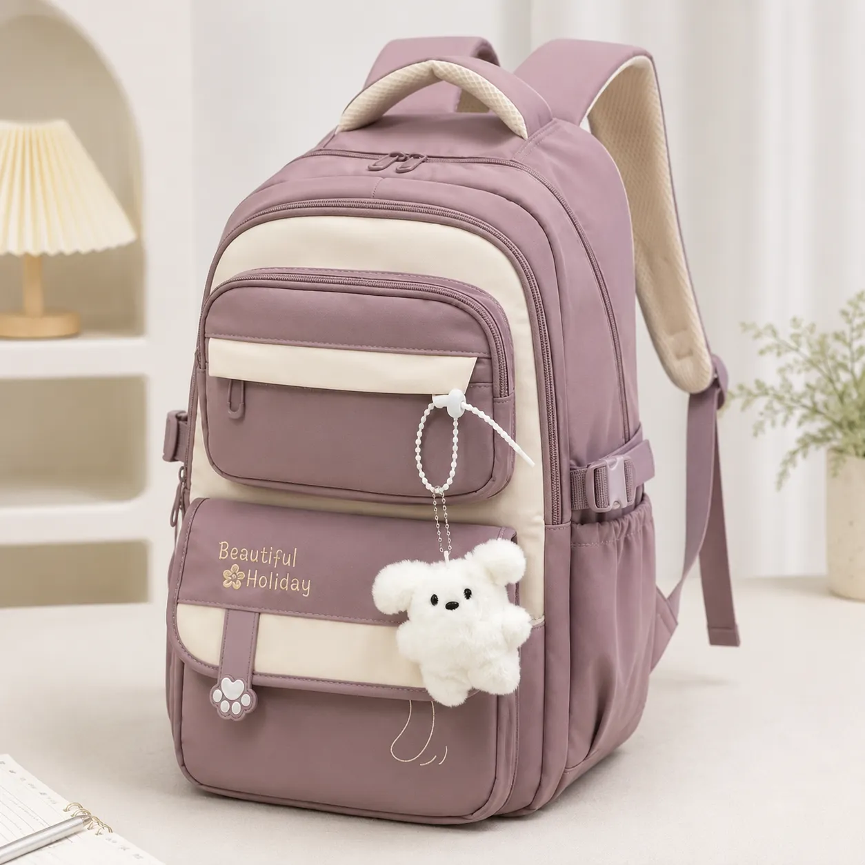 Cute School Backpack with Plush Keychain